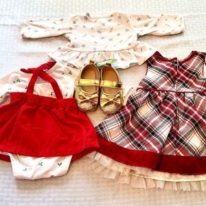 Holiday Baby Outfit‎ Bundle NB/0–3M Christmas Dress Cardigan Gold Shoes NWT Set